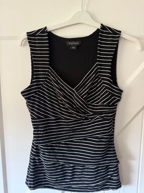 White House Black Market Black & White Striped Faux-Wrap Sleeveless Top